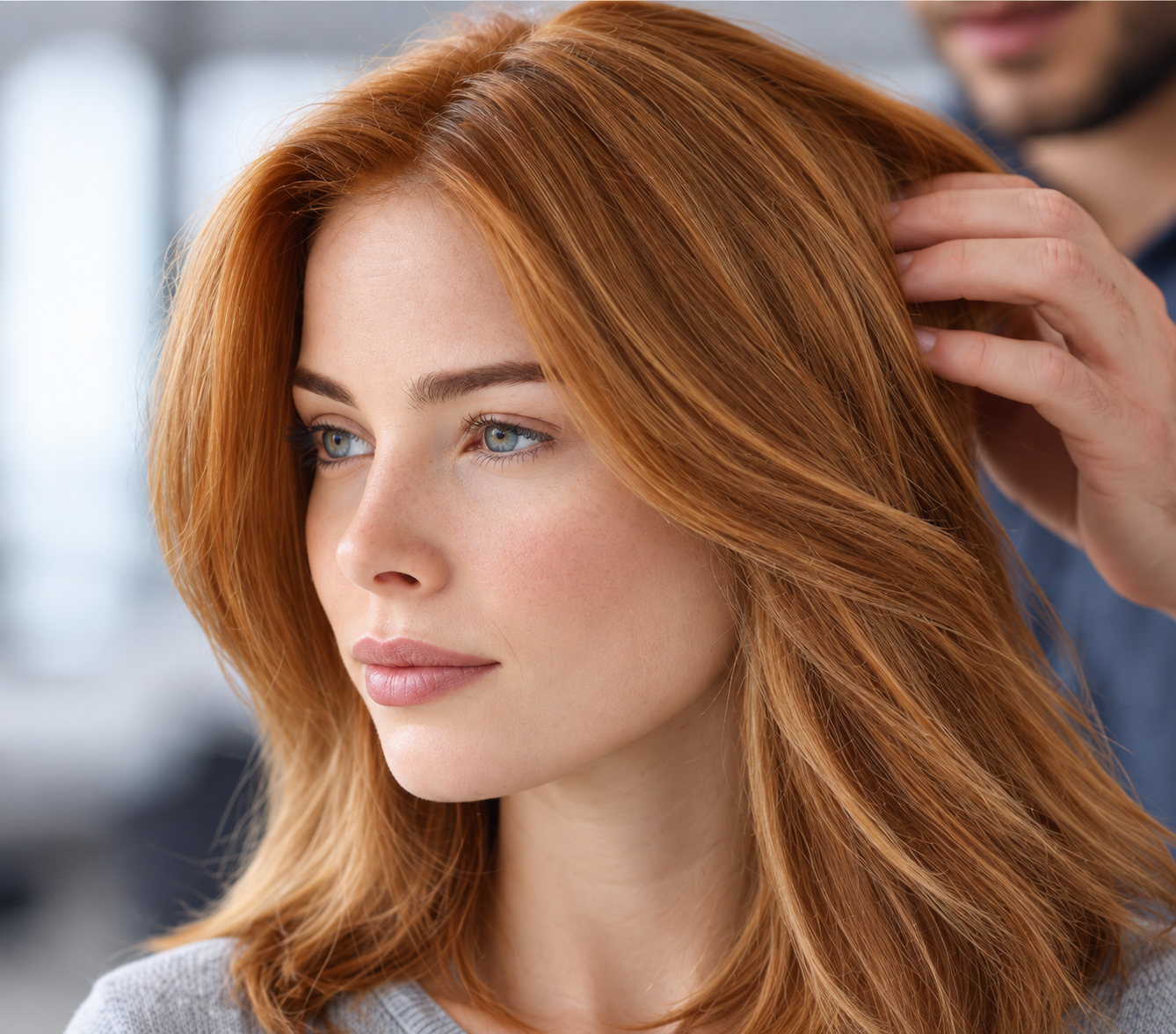 Stylist finishing soft waves in copper-coloured hair