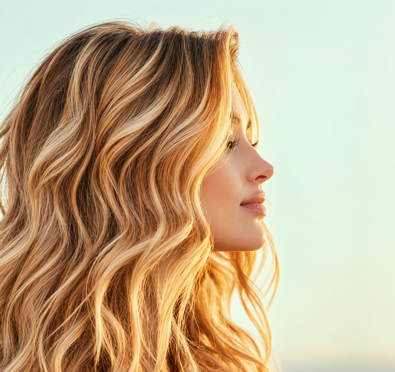 Soft, sunlit blonde waves viewed in profile